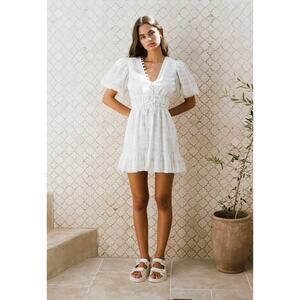 SABO Savina White Puff Sleeve Cotton Mini Dress Cottagecore Size 6